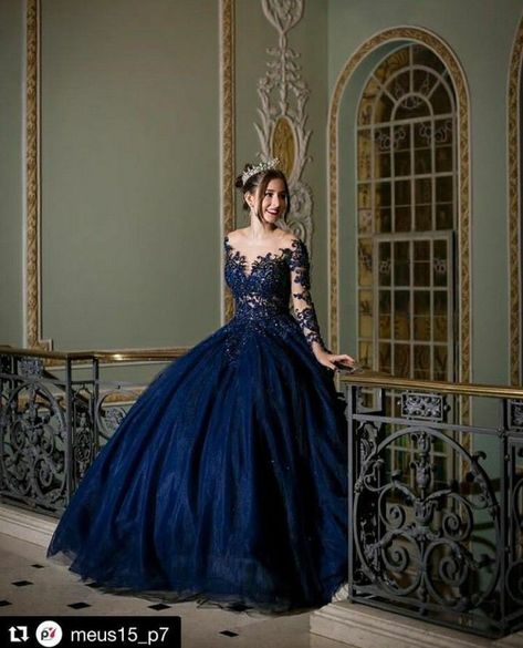 Dark Blue Gown Dress, Navy Blue Quince Dress With Sleeves, Navy Princess Dress, Navy Blue Themed Quinceanera, Dark Blue Sweet 16 Dress, Wedding Dresses Dark Blue, Dark Color Quinceanera Dresses, Dark Blue 15 Dresses, Quince Dress Dark Blue