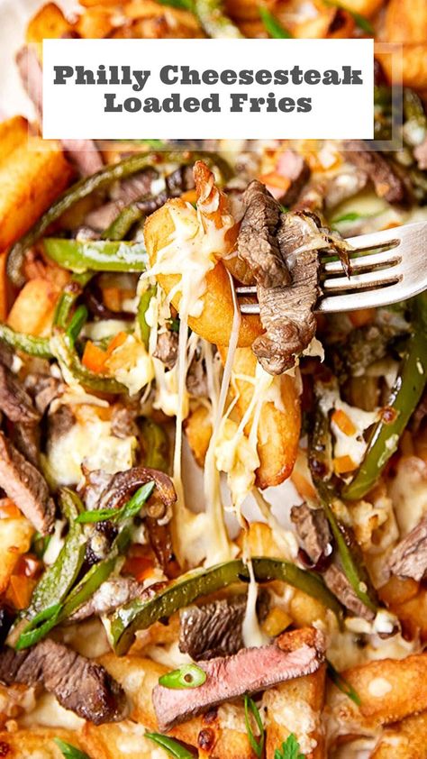 Philly Cheesesteak Loaded Fries Philly Cheese Steak Tacos, Loaded Steak Fries Recipes, Philly Cheese Steak Fries Recipe, Loaded Steak Fries, Loaded Fries Ideas, Philly Cheesesteak Fries, Fries Ideas, Cheesesteak Fries, Loaded Fries Recipe