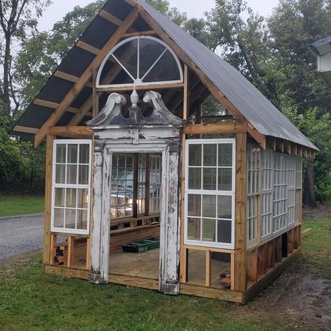 Old Window Green Houses, Salvaged Windows Greenhouse, Green House With Windows, Greenhouse Reclaimed Windows, Repurposed Window Greenhouse, Antique Window Greenhouse, Green House Old Windows, Glass Window Greenhouse, Window Green House