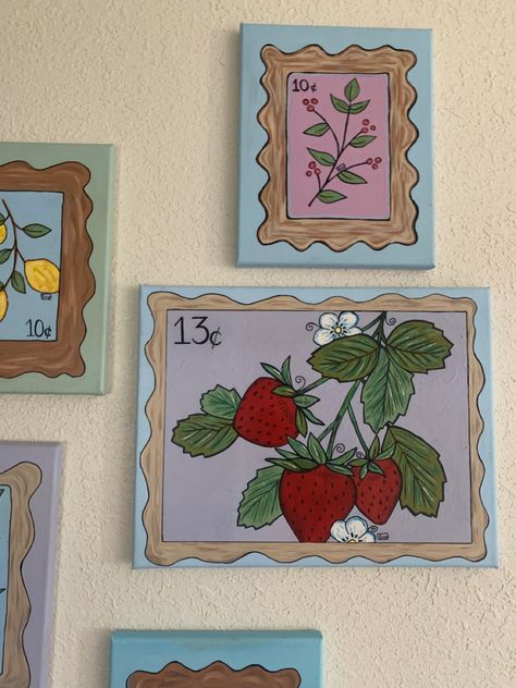 Crate Painting Ideas Aesthetic, Cute Lemon Painting, Strawberry Art Painting, Easy Room Decor Paintings, Cute Painting Date Ideas, Strawberries Acrylic Painting, Things To Paint For Room Decor, Astetic Paintings Ideas On Canvas, Painting Ideas Asthetics Indie