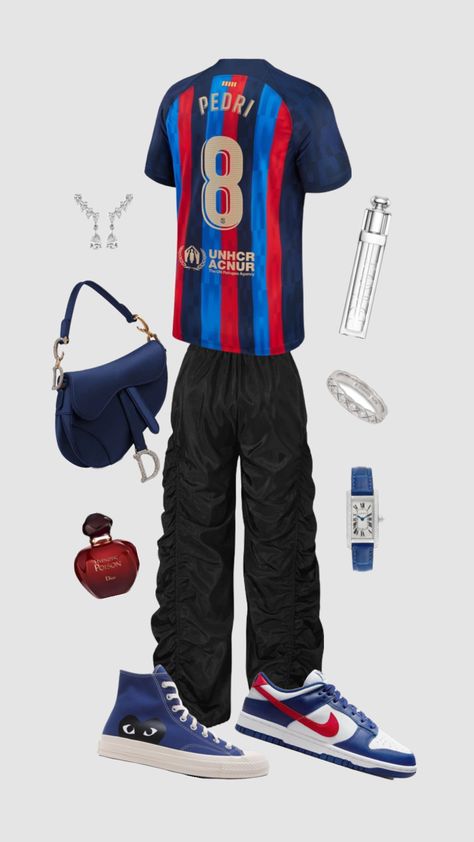 Barca Outfit, Football Jersey Outfit, Race Day Outfits, Street Wear Outfits, Soccer Outfits, Football Fashion, Best Friend Outfits, Earthy Outfits, Jersey Outfit