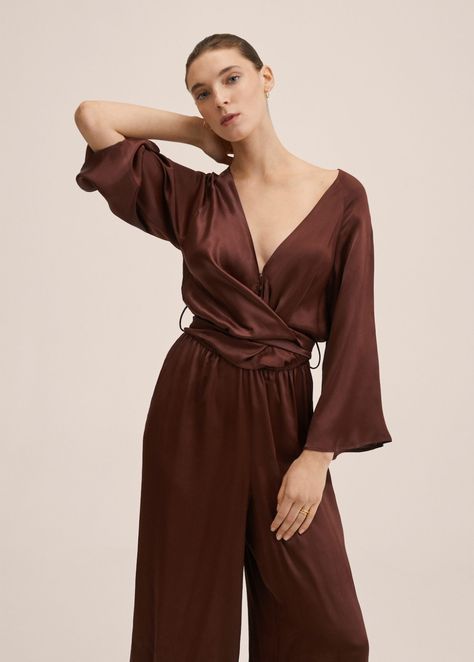 Satin belt jumpsuit - Women | Mango United Kingdom Mango Jumpsuit, Satin Belt, Satin Jumpsuit, Party Mode, Belt Jumpsuit, Brown Satin, Flared Sleeves, Dress Codes, Three Quarter