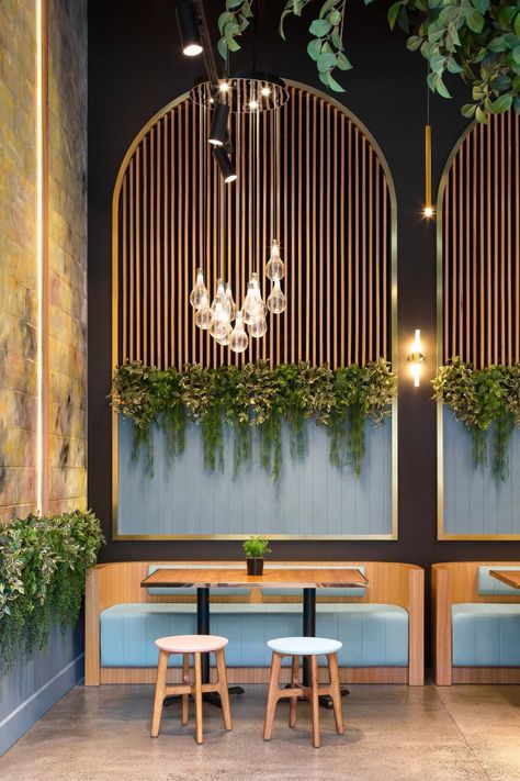 WALL Chairs For Cafe Coffee Shop, Wall Design Restaurant Interiors, Earthy Cafe Design, Tropical Restaurant Design Exterior, Event Space Decor Ideas, Restaurant Waiting Area Design, Cafe Accent Wall, Cafe Wall Ideas, Cafe Wall Decor Ideas