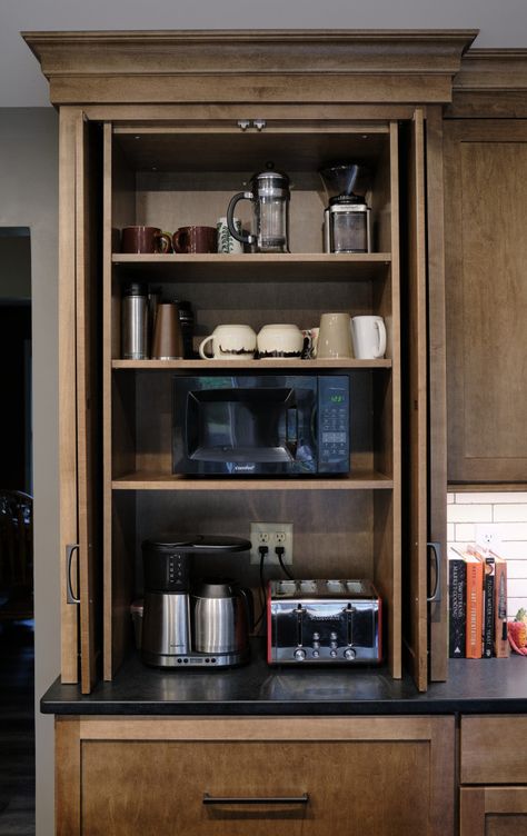 Kitchen Hutch Cabinet, Kitchen Renovation Inspiration, Appliance Cabinet, Dining Room Cabinet, Pantry Remodel, Small Microwave, Coffee Bars In Kitchen, Small Pantry, Kitchen Pantry Cabinets