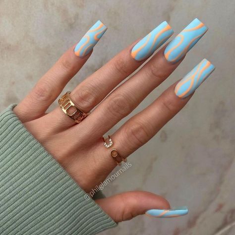 Peach And Blue Nails, Blue And Brown Nails, Nails Retro, Brown Nail, Brown Nails Design, Summer Acrylic, Retro Nails, Summer Nail Art, Blue Acrylic Nails