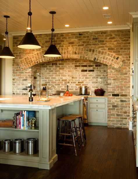 Brick Wall Kitchen Ideas, Brick Kitchen Wall, Kitchen With Brick Wall, Exposed Brick Kitchen, Brick Wall Kitchen, Rustic Brick Wall, Brick Backsplash Kitchen, Oak Frame House, Kitchen Confidential