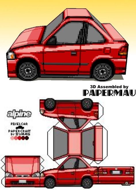 PAPERMAU: 1998`s Honda Civic Miniature Paper Model In Pixel Style by Pixel Car Papercrafts Paper Car Craft, Paper Craft Diorama, Paper Craft Car, Paper Toy Car, Honda Civic 1998, Paper Cars, Car Template, Pixel Car, Car Papercraft