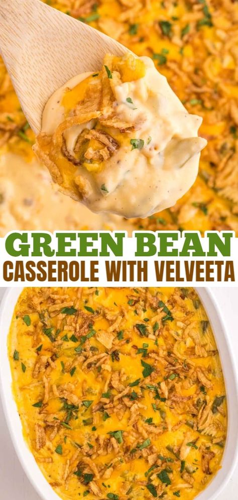 Velveeta Green Beans, Cheesy Green Beans Velveeta, Green Bean Casserole Velveeta, Green Bean Bake, Cheese Green Bean Casserole, Recipes With Velveeta Cheese, Green Bean Casserole Campbells, Canned Green Beans, Green Bean Casserole Crock Pot