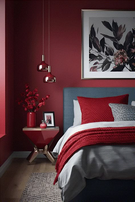 15 Aesthetic Red Bedroom Ideas To Refresh Your Bedroom Now Aesthetic Room Wall Color, Grey Red Bedroom, Red Wall Bedroom Ideas, Red Feature Wall Bedroom, Red Colour Bedroom, Room Painting Ideas Aesthetic, Bedroom Red Aesthetic, Red Walls Bedroom, Grey And Red Bedroom Ideas