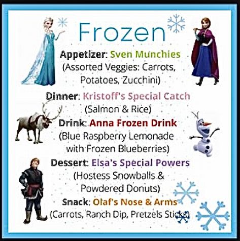 Frozen Themed Dinner Food, Frozen Themed Dinner, Frozen Movie Night, Disney Movie Themed Dinner, Movie Meals, Disney Meals, Family Movie Night Themes, Disney Movie Night Menu, Theme Dinners