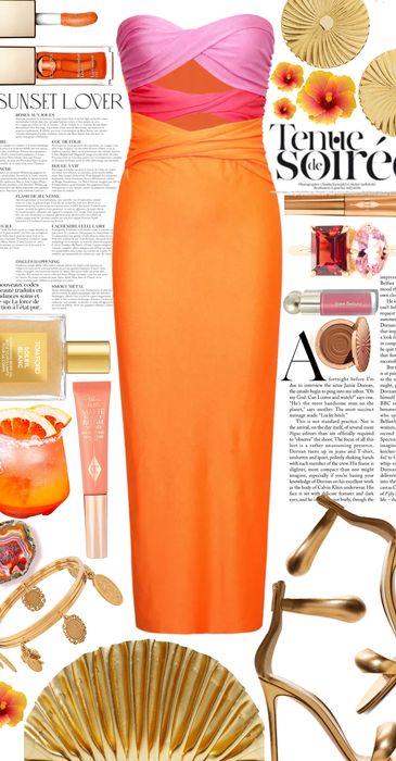 sunset soiree Outfit | ShopLook Sunset Soiree Outfit, Sunset Theme Party Outfit, Sunset Dress Code, Sunset Mood Board Fashion, Mirror Palais Orange Dress, Sunset Soiree, Soiree Outfit, Dressy Hats, Sunset Boulevard