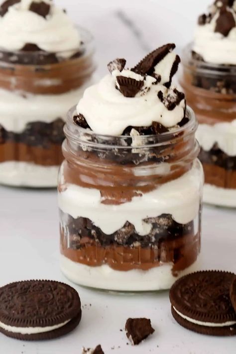 Chocolate Oreo Parfaits Recipe | The Carefree Kitchen Oreo Parfait, Chocolate Parfait, Mason Jar Desserts, Parfait Cups, Homemade White Bread, Cheesecake Parfaits, Mini Dessert Cups, Pudding Parfait, Parfait Desserts