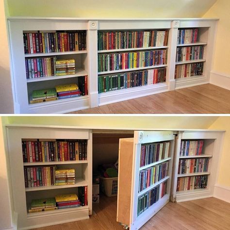 Bookshelf With Hidden Storage, Hidden Dvd Storage, Closet Bookshelves, Hidden Bookshelf, Hidden Storage Ideas, Hidden Library, Bedroom Nook, Secret Passageways, Secret Space