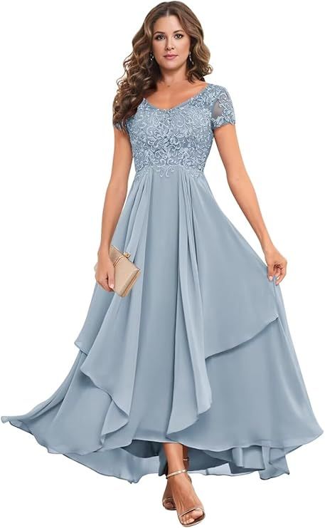 Amazon.com: Tea Length Mother of The Bride Dresses for Wedding Short Sleeves Chiffon Formal Evening Gown MM0126 Dusty Blue 8 : Clothing, Shoes & Jewelry Mother Of The Groom Dresses Tea Length, High Low Evening Dresses, Lace Wedding Guest Dress, Bride Dress Lace, Evening Gowns With Sleeves, Mother Of The Bride Dresses Long, Mother Of Groom Dresses, Mother Wedding Dress, Evening Party Gowns