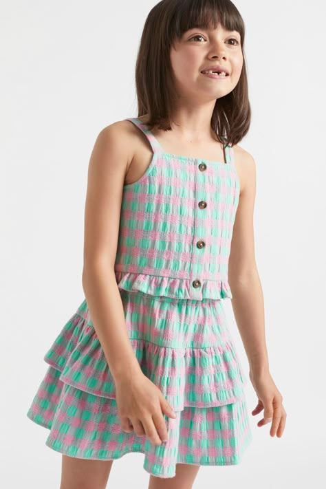 Gingham Cami Girls Dresses Summer Children, Baby Summer Dresses, Kids Dress Collection, Kids Garments, Gingham Skirt, Frill Tops, Green Gingham, Seed Heritage, Paisley Dress