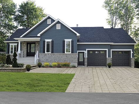 027H-0417: Empty-Nester House Plan House Siding Ideas Exterior, Dark Blue Houses, Empty Nester House Plans, Blue Siding, Gray House Exterior, Exterior House Paint Color Combinations, Ranch Exterior, Ranch Style House Plans, Modern Farmhouse Exterior