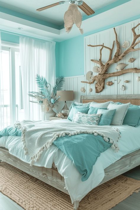 Boho Beach House Surf Shack Bedroom, Bedrooms With Bathtubs, Blue Room Ideas Bedroom Inspiration, Blue Furniture Bedroom, Blue Room Decor Ideas, Light Blue Boho Bedroom, Driftwood Bedroom, Blue Boho Bedroom Ideas, Blue Boho Bedroom