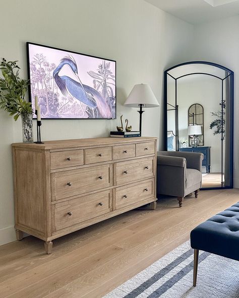 The Smitten Collective | Primary Bedroom Tv In Primary Bedroom, Tv In Master Room, Dresser Styling With Tv, Elevated Bedroom, Tv In Bedroom Ideas, Primary Bedroom Decor, Bedroom With Tv, Bedding Styling, Console And Mirror