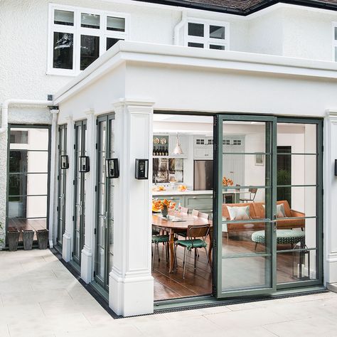 green framed steel bifold doors in london Deck Structure, Modern Kitchen Pictures, Crittal Doors, Spanish Style Bathrooms, Orangery Extension, Flat Roof Extension, Kitchen Extensions, Kitchen Diner Extension, Extension Plans