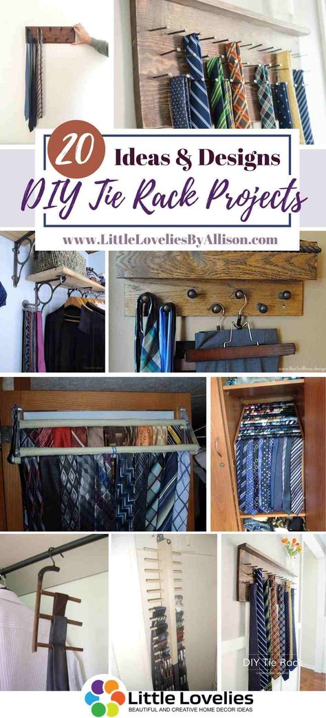 There are a good number of easy, assessable, and fun creations of tie racks that are available for you. Instead of having to keep folding up and ironing your ties when you want to use it, you can have a rich display of your ties in a rack. In this article, I have put together a list of DIY tie rack projects that you can make from the comfort of your home. Trust me, you will find the perfect rack for your ties. 1. #tie #TieRack Tie Holder Ideas Diy, Diy Tie Holder, Tie And Belt Organization, Tie Storage Ideas Diy, Diy Tie Rack Ideas, Diy Bag Rack, Tie Rack Ideas, Tie Storage Ideas, Diy Neck Tie