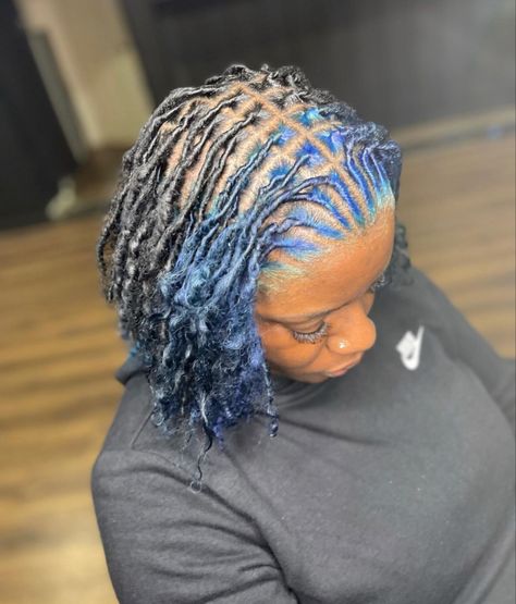 Midnight Blue Locs, Blue Locs Black Women, Half Dyed Locs, Short Dreadlocks Hairstyles, Dreadlock Style, Short Locs Hairstyles, Dyed Natural Hair, Dreadlock Styles, Dyed Hair Inspiration