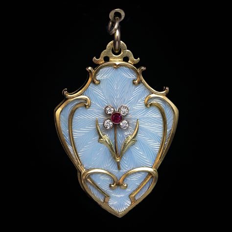 circa 1910 This very large ornate 14K gold locket pendant is designed in Art Nouveau taste of the period. The pendant is embellished with excellent bluish […] Rose Gold Locket, Large Locket, Enamel Locket, Victorian Locket, Art Nouveau Antiques, Guilloche Enamel, Antique Locket, Vintage Jewellery Rings, Edwardian Jewelry