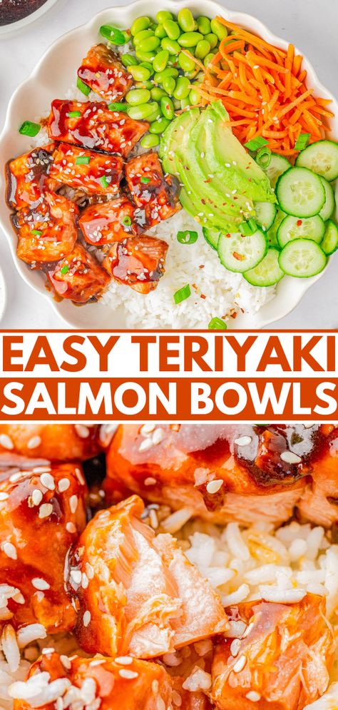 Easy Teriyaki Salmon Bowls — 🍣🍚🥑🥕Flaky pieces of salmon are coated in a SIMPLE yet FLAVORFUL homemade teriyaki sauce and served over a bed of rice! The bowls are loaded with carrots, cucumber, avocado, and edamame and then drizzled with EVEN MORE teriyaki sauce! Salmon bowls are the perfect meal-in-one with protein, carbs, and vegetables served altogether! Asian Recipes Salmon, Spicy Salmon Teriyaki Bowl, Teriyaki Salmon Poke Bowl, Teriyaki Salmon Sushi Bowl, Salmon Easy Recipe Simple, Teriyaki Salmon Bowl Recipe, Salmon Bowl Sauce, Salmon Bowls Recipes, Easy Salmon Bowl Recipes