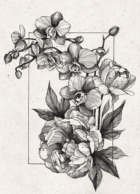 Orchid And Peony Tattoo, Orchid Tattoo Sketch, Roses And Orchids Tattoo, Orchids And Peonies, Orchid Rose Tattoo, Peony Ink Drawing, Vintage Floral Drawing, Peonie Tattoo Designs, Simple Tattoos With Meaning Unique