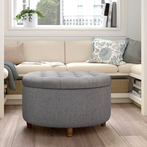 Lark Manor 28'' Wide Tufted Round Storage Ottoman with Storage & Reviews | Wayfair Round Storage Ottoman Coffee Table, Round Ottoman Living Room, Storage Ottoman Living Room, Tufted Ottoman Coffee Table, Ottoman Round, Storage Cube Ottoman, Round Storage Ottoman, Storing Blankets, Foot Rest Ottoman