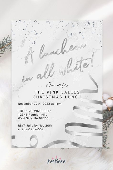 Self-editable 5x7" invite - follow the link for details and free demo! ♦ Easily edit online in your browser then download and print or send digitally ♦ A modern silver and white invitation for an all white themed Christmas luncheon ♦ #ladiesluncheon #christmasluncheon #christmaslunch #christmasparty #christmasinvites #allwhitelunch #silverwhiteparty #christmasprintable Silver Invitation Template, Xmas Invitations, White Christmas Party, Christmas Luncheon, Adult Christmas Party, White Invitation, Love Website, Mom Party, Christmas Lunch