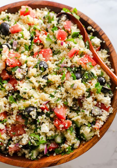 Easy Couscous Salad with Feta - Sims Home Kitchen Coucous Salad Recipes Feta, Cuscus Salad, Beet Salad With Feta, Sims Home, Couscous Salad Recipes, Side Salads, Grilled Chicken Skewers, Salad With Feta, Olive Salad