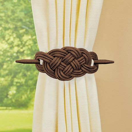 Knot-Style Curtain Tie Backs - Set of 2 | Collections Etc. Curtain Holdback, Macrame Leaf, Leaf Curtains, Home Decor Catalogs, Curtain Holder, Curtain Tiebacks, Clip Design, Stylish Curtains, Green Curtains