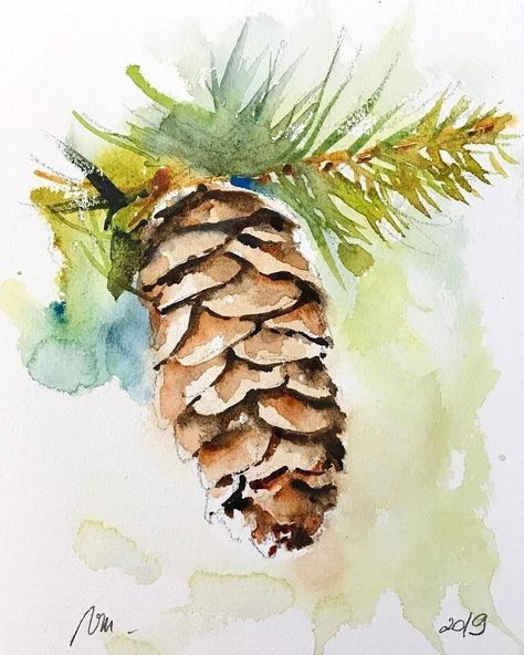 Watercolor Pinecones Tutorial, Pinecone Watercolor, Watercolor Pinecone, Watercolor Christmas Cards Diy, Watercolor Winter, Winter Watercolor, Watercolor Lessons, Christmas Card Art, Watercolor Projects