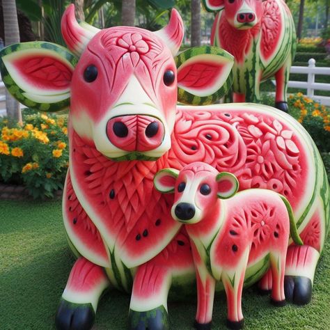 Watermelon Cow, Fruits Decoration, Watermelon Art, Decorações Com Comidas, Food Art For Kids, Food Sculpture, Amazing Food Decoration, Amazing Food Art, Creative Food Art