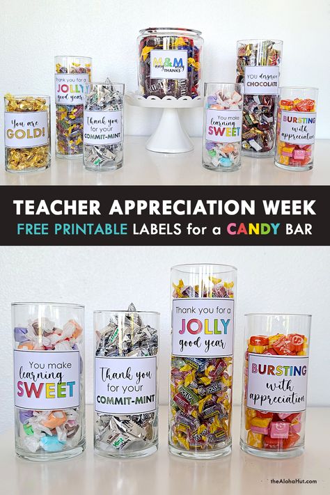 Teacher Appreciation Week Idea or Teach Gift idea. Bar None theme with free printable poster, candy bar dessert table labels, candy bar tags, weekly activity ideas. Great for PTO or PTA that is in charge of teacher appreciation week meals. Cute candy sayings. #teacherappreciationweek #teachergiftideas #candybarbuffet #candybartheme #candylabels #candytags #freeprintables #ptaideas #teacherappreciationmeals #teachergifts #candysayings National Teacher Appreciation Day, Teacher Appreciation Week Themes, Teacher Cookies, Appreciation Cookies, Candy Bar Table, Teacher Appreciation Themes, Teacher Morale, Staff Appreciation Week, Teachers Appreciation Week Gifts