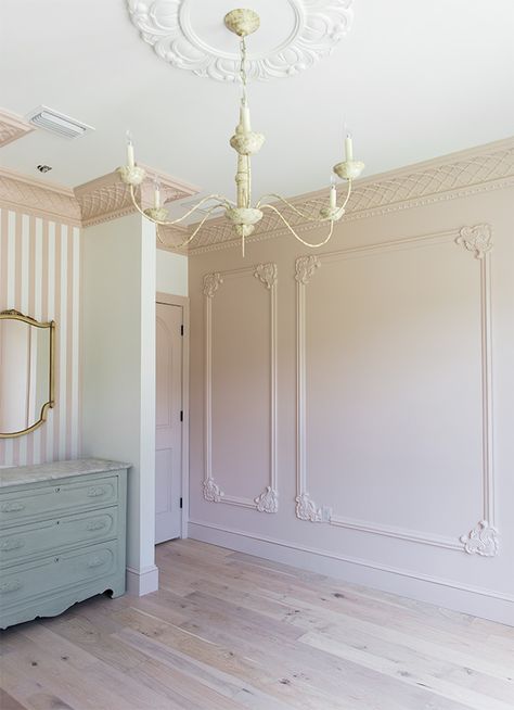 Millwork Bedroom Wall, Princess Dream Room, Decorative Wall Moulding, Caitlin Wilson Nursery, Wall Molding Nursery, Picture Molding Bedroom, Nursery Wall Trim, Nursery Molding, Elegant Playroom