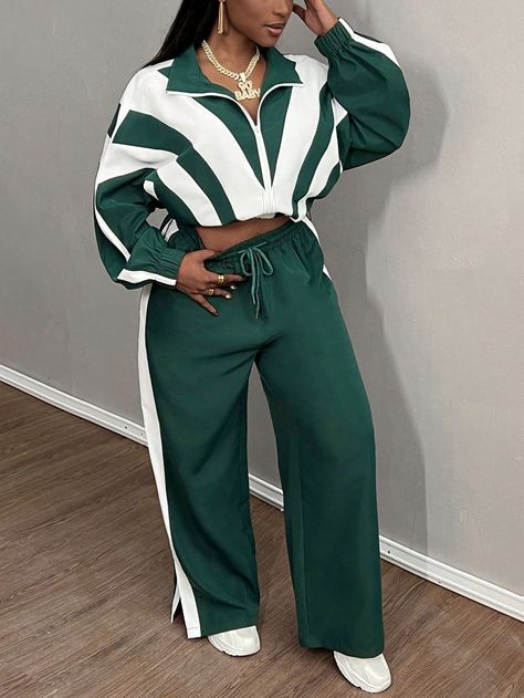 Plus Size Casual Sports Long Sleeve Open Front Crop Top And Drawstring Joggers Green And White 2 Pieces Set, Autumn/Winter Green Casual    Colorblock,Striped  Non-Stretch  Women Plus Clothing, size features are:Bust: ,Length: ,Sleeve Length: Green And Gray Outfit, Green Sweatsuit, Open Front Crop Top, Sweat Suits Outfits, 2pcs Set Women, Front Crop Top, Sweatsuit Set, Drawstring Jogger, Extra Long Sleeves