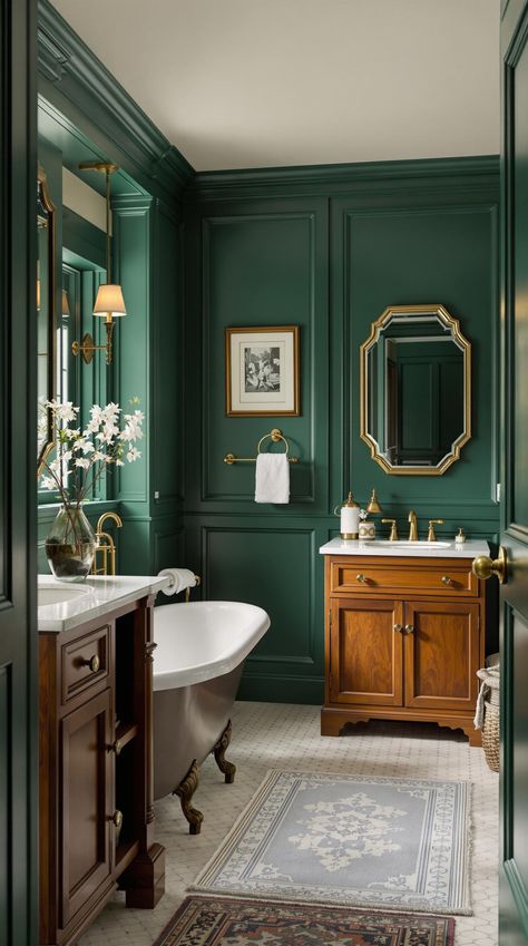 Green Bathroom Decor Decorating With Hunter Green, Bathroom Forest Green, Cozy Green Bathroom, Moody Maximalist Bathroom, Emerald Green Bathroom Ideas, Moss Green Bathroom, Deep Green Bathroom, Green Bathroom Decor Ideas, Bathroom Dark Green