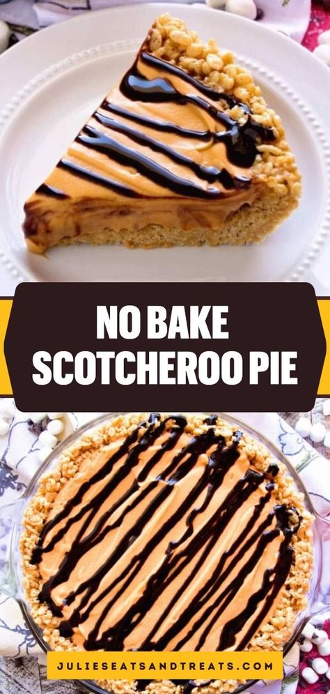 This no-bake dessert is the best scotcheroo recipe you'll ever have! A delicious Peanut Butter Rice Krispie Pie Crust topped with butterscotch pudding and topped with chocolate makes this Scotcheroo recipe the best dessert ever! Don't miss this! Butterscotch Pudding Pie, Butterscotch Pudding Dessert, Butterscotch Pudding Recipes, Best Dessert Ever, Sunday Dessert, Pudding Pie, The Best Dessert, Pudding Pies, Butterscotch Pudding