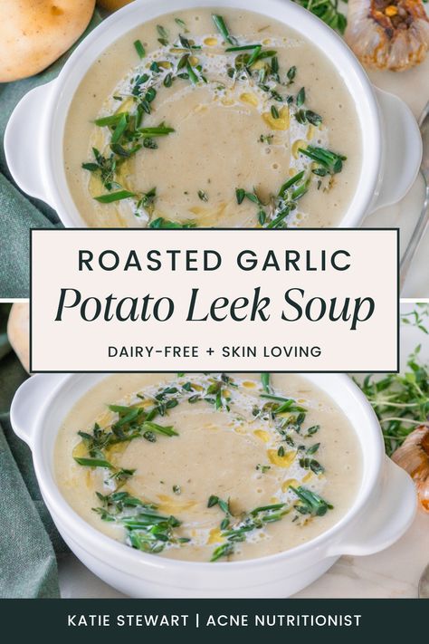 Paleo Potato Leek Soup, Roasted Garlic Potato Leek Soup, Roasted Potato Leek Soup, Garlic Leek Soup, Roasted Potato And Leek Soup, Keto Leek Soup Recipes, Potato Garlic Soup, Creamy Potato Leek Soup Recipe, Roasted Garlic Potato Soup