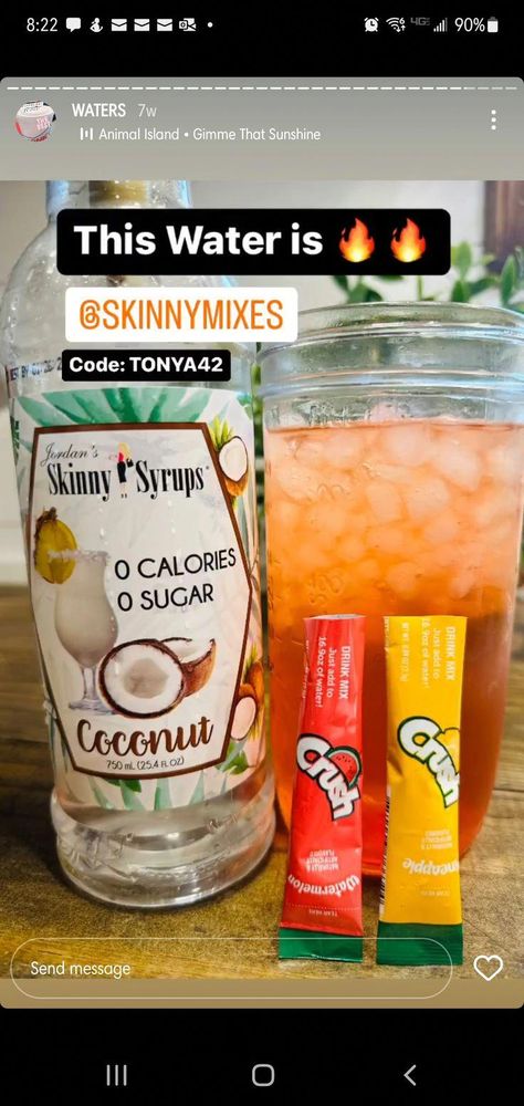 Coconut skinny syrup Watermelon crush Pineapple crush #NutritionHealthTips Coconut Syrup For Drinks, Coconut Syrup Drink Recipes, Torani Syrup Recipes Drinks Water, Flavored Water Packet Recipes, Water Syrup Recipes, Drink Syrup Recipes, Water Packet Organization, Sugar Free Drink Recipes, Flavored Water Recipes With Syrup And Packets