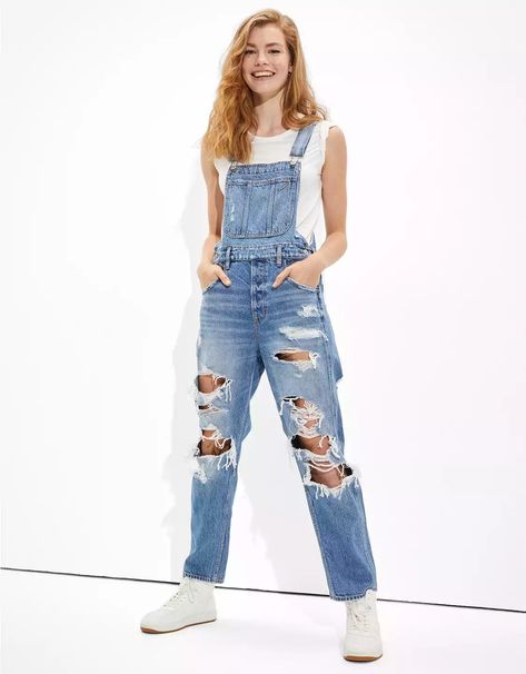 AE Ripped '90s Boyfriend Denim Overall Denim Dress Style, Printed Denim Dress, Womens Denim Overalls, Blue Jean Overalls, Boyfriend Jeans Style, 90s Boyfriend, Overall Skirt, Boyfriend Denim, American Eagle Jeggings