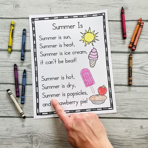 15 Summer Themed Sight Word Poems | Mrs. McGinnis' Little Zizzers Summer Poems For Kids, Sight Word Poems, Funny Poems For Kids, Summer Poems, Seasons Poem, Kindergarten Poems, Rhyming Preschool, Poems In English, Rhyming Poems