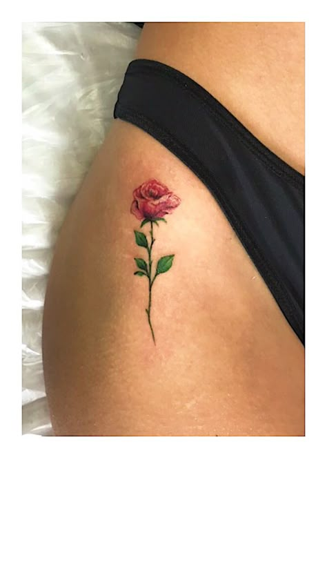 Small Hip Tattoos Women, Coloured Rose Tattoo, Colorful Rose Tattoos, Rose Tattoo On Hip, Single Rose Tattoos, Colour Tattoo For Women, Rose Tattoo Thigh, Watercolor Rose Tattoos, Rose Flower Tattoos