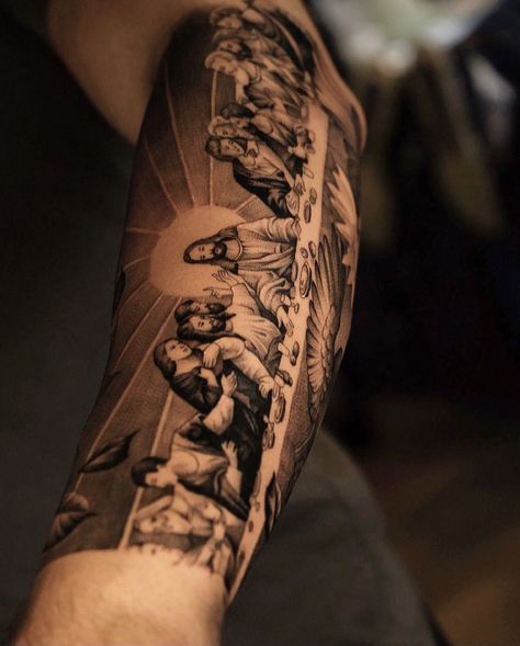 The Last Supper Tattoo, Jesus Tattoo Sleeve, Inside Bicep Tattoo, France Tattoo, Inside Of Arm Tattoo, Tattoo Boy, Jesus Last Supper, Photographer Tattoo, Jesus Tattoo Design