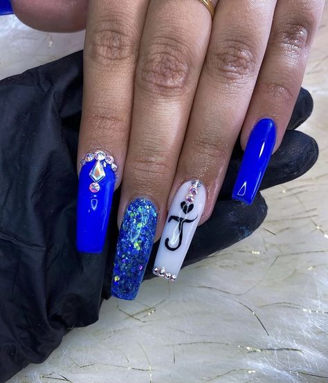 #FYP #PrettyBlue #NailIdeas #Initial Nails With Initials, Aztec Nail Designs, Short Coffin Nails Designs, Purple Acrylic Nails, Red Acrylic Nails, Long Acrylic Nail Designs, Blue Acrylic Nails, Racun Shopee, Classy Acrylic Nails