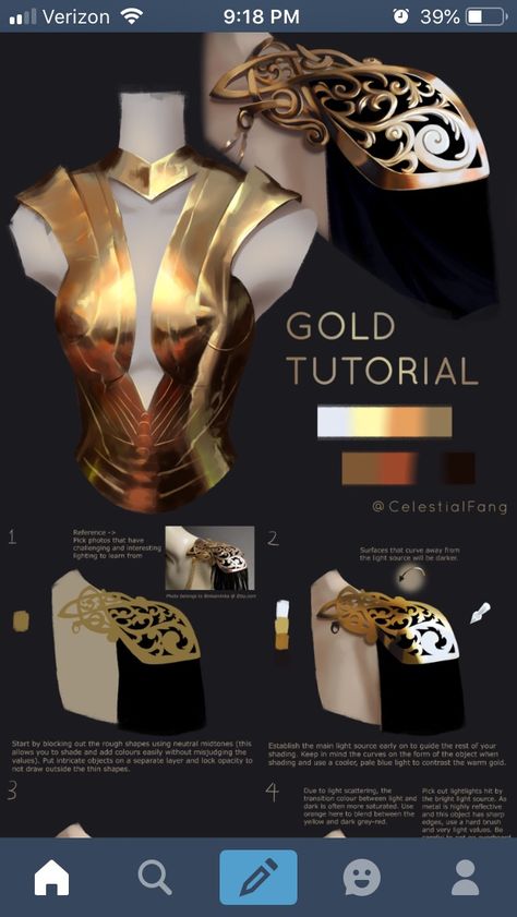 Metal Coloring Tutorial, How To Shade Metal, How To Color Gold, How To Draw Gold, How To Draw Metal, Metal Shading, Golden Table, Painting Metal, Drawing Things