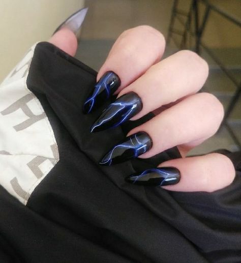 Dark Blue And Black Nails Acrylic, Blue And Black Nails Ideas, Gothic Blue Nails, Black And Blue Nails Ideas, Dark Blue And Black Nails, Nails Black And Blue, Black And Blue Nail Ideas, Black Blue Nails, Blue Flame Nails