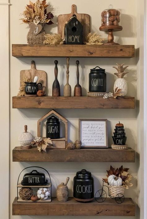 Kitchen Floating Shelves Decor, Floating Shelves Decor, Farmhouse Kitchen Inspiration, Kitchen Floating Shelves, Shelves Decor, Dining Room Shelves, Hutch Makeover, Hutch Decor, Farmhouse Shelves