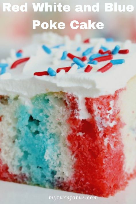 4th Of July Poke Cake, Jello Poke Cake, Poke Cake Jello, Fourth Of July Cakes, Jello Cake, Patriotic Desserts, 4th Of July Cake, Lucky Leaf, Blue Desserts